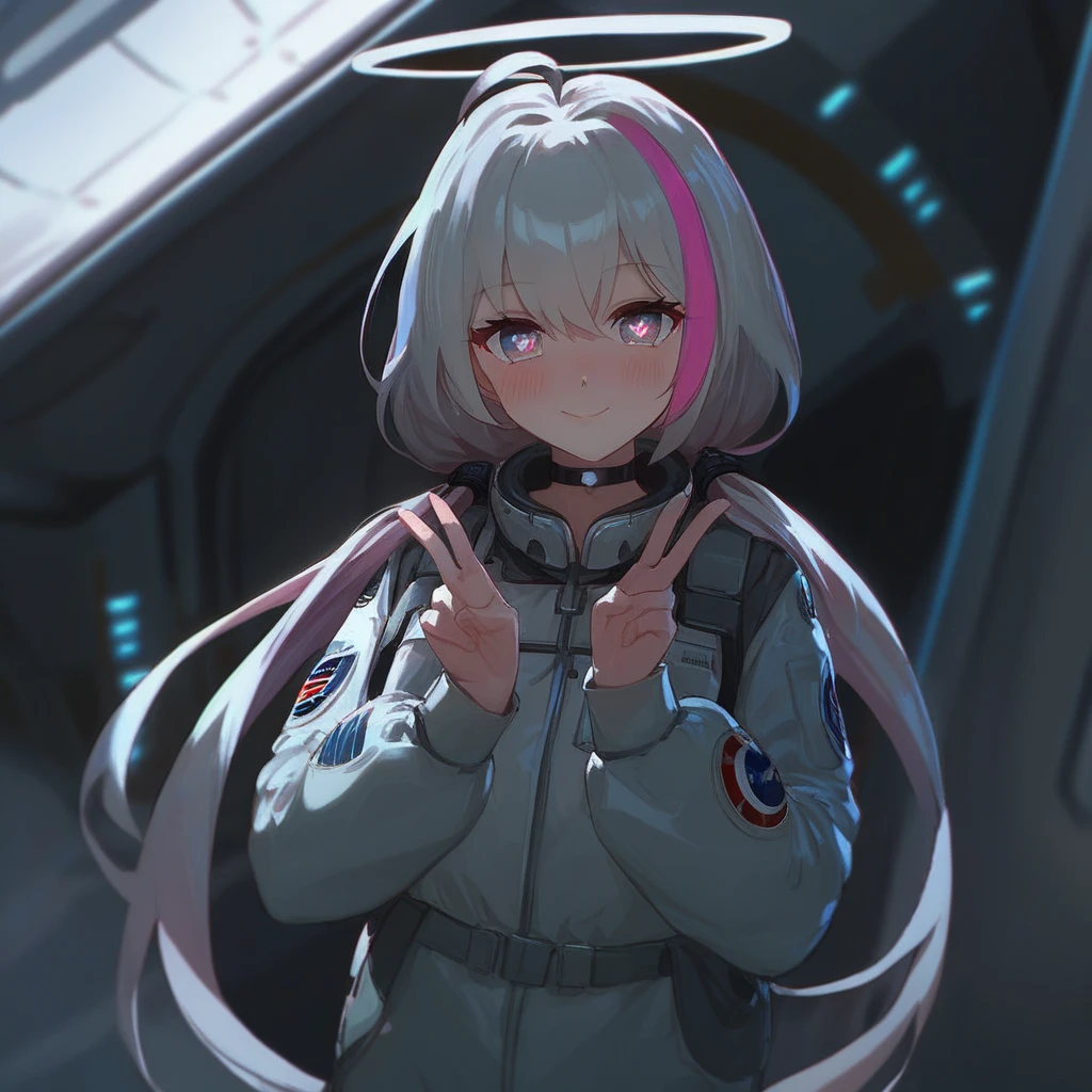 score_9, score_8_up, score_7_up, score_6_up, score_5_up, score_4_up, source_anime, rating_safe, 1girl, ite, cute, portrait, from front, pretty smile, closed mouth, looking at viewer, (white hair:1.2), long hair, multicolored hair, (pink hair:0.9), pink eyes, hair ornament, symbol-shaped pupils, choker, bangs, hair between eyes, heart-shaped pupils, blush, ahoge, bow hair, low twintails, very long hair, long sleeves, necklace, low twintails, pink streaked hair, astronaut suit, halo, spaceship, interior, in corridor, standing, hands up, finger V, anime coloring, shiny skin, aidxlv05_neg