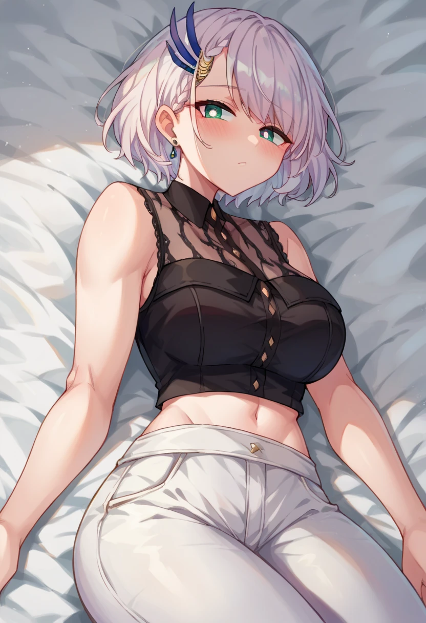 score_9, score_8_up, score_7_up, source_anime, rating_questionable, performance, lying on side, ReineCasual, bright pupils, short hair, feather hair ornament, earrings, black shirt, cleavage, sleeveless, midriff, white pants, blush,