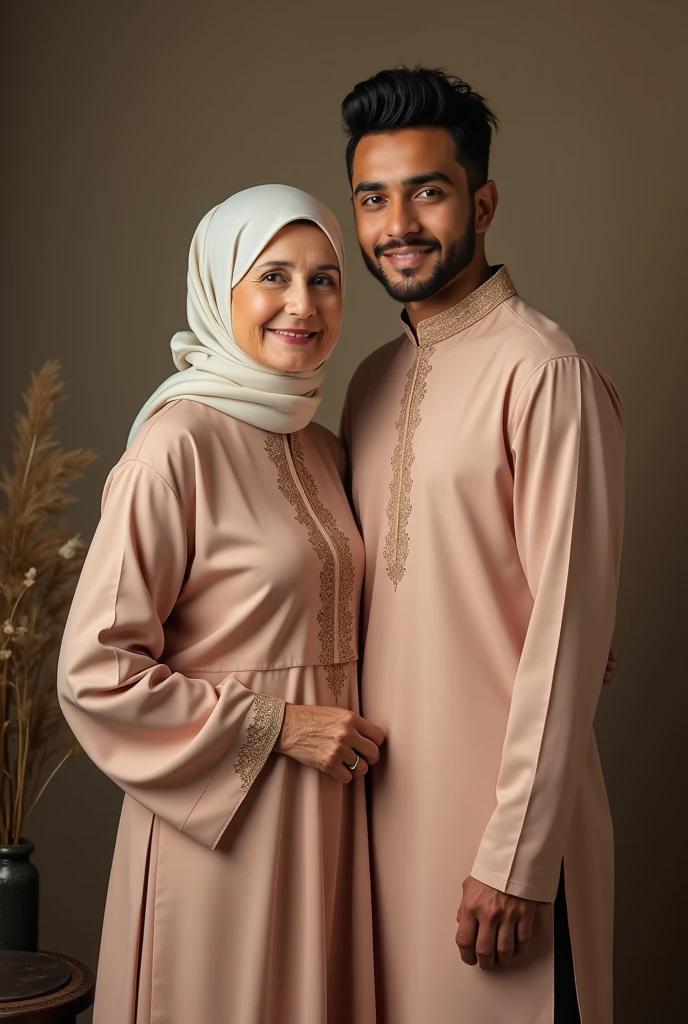 Hijab Indian curvy young female white fair skintone wearing sleepwear pink kerala nighty hijab scarf in kerala kitchen Realistic image. body figure looks like actress nithya menon.big breast. No carpet. No indoor plants. Front view. Wearing hijab scarf. Indian straight couple selfie photo