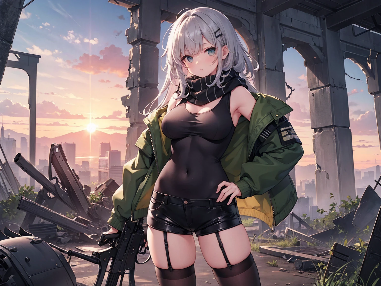 girl,war orphan,destroyed,scattered concrete,large breasts,dirty tank top,dirty miniskirt,zettai ryouiki,bare shoulders,,beautiful white hair,despair,injury,,{{{{Heavily injured}}}},floating hair,apocalyptic worl,detailed face,,sweat,cleavage,
