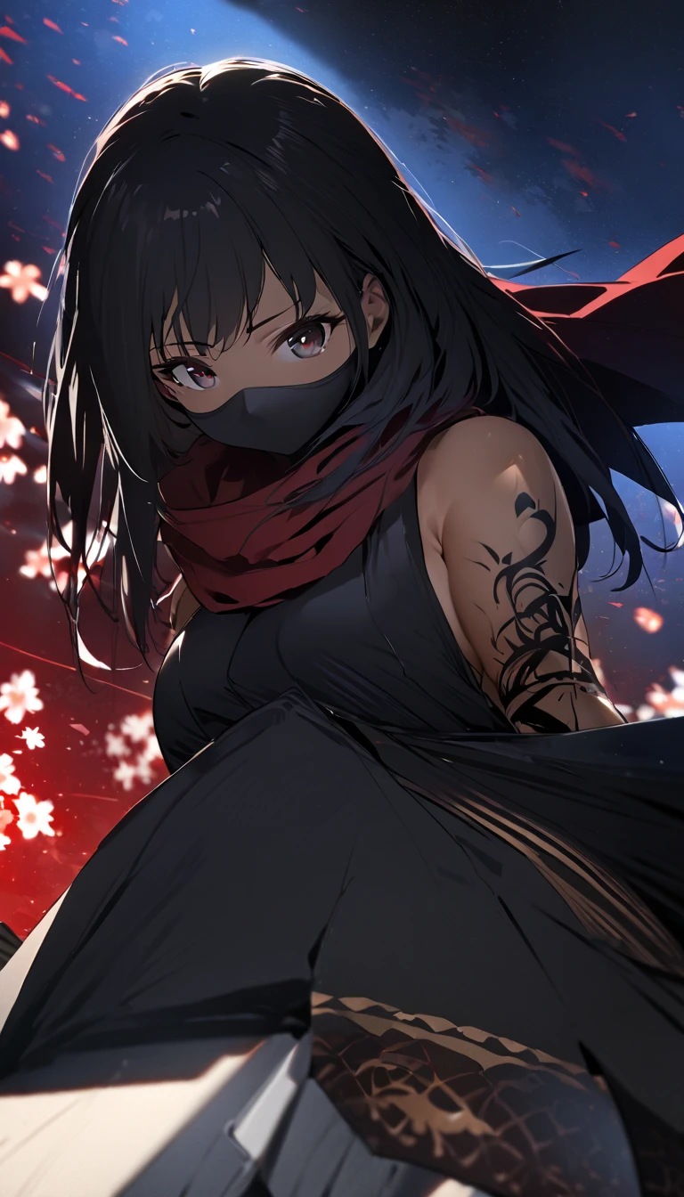  top quality,  high definition , distinct image,  natural volumetric lighting and best shadows,  deep depth of field ,,, 1 girl, Alone,  gloves, Bare shoulders, Ninja, black face mask ,Black kimono,  cool red scarf ,tattoo, dynamic angle ,Japanese night background , ready for battle 　 Edo Town　 Big Breasts 　 erect nipples 