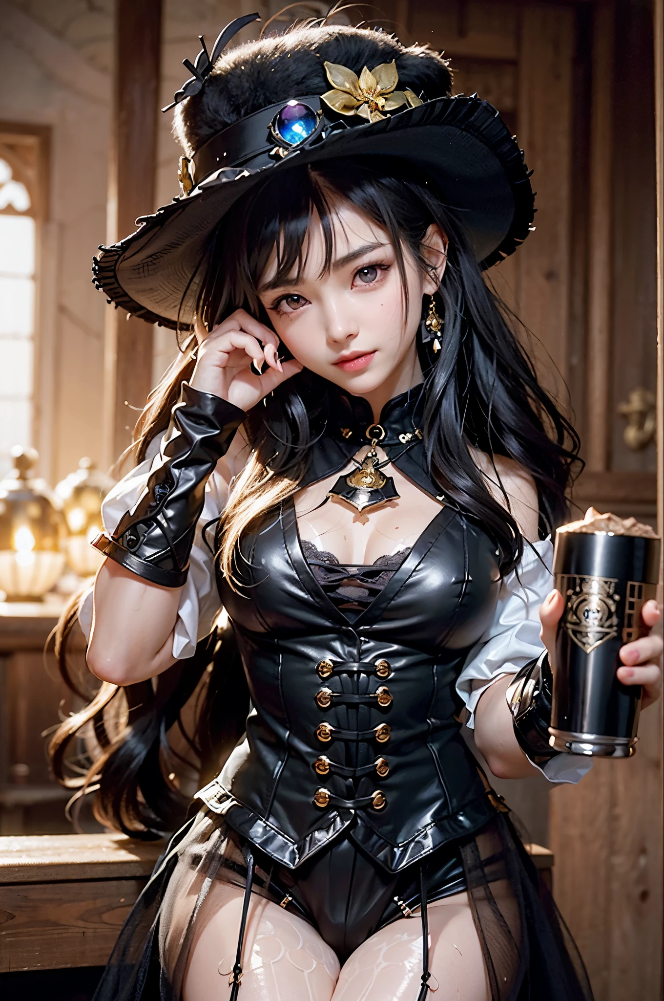 ((8K、masterpiece、RAW Photos、Live action、best qualtiy、A hyper-realistic:1.2))、(Highest Quality: 1.2)、high-definition RAW color photography、Professional Photography、beautiful witch、独奏、Detailed eyes and mouth、(medieval fantasy style:1.2)、a blond、(medieval european style witch costume:1.3)、A charming smile、Narrow waist、Erotic、intricate detailes、Beautiful lighting、Detailed mouth、Textured skin、Super Detail、high detailing、High quality、hight resolution、full body Esbian、beautiful hairl、、Fancy lighting、happily laughing、vivid、bar、cooking a、witch's hat、Medieval European cuisine、bacchus、wining