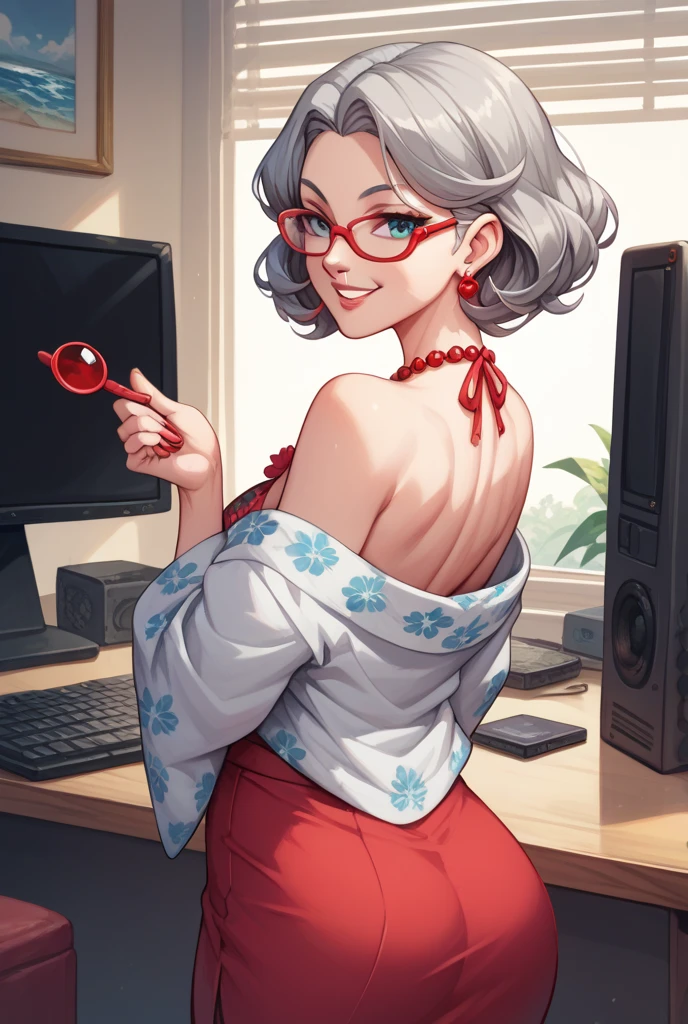  Japanese Grandma　Total Gray Hair Wave 　 semi-short hair 　Glasses　Crimson plain kimono 　 looking at me　Gaming Headsets　The video is being distributed on a PC　 big smile when looking back　PC Keyboard　I'm the only one in the PC room