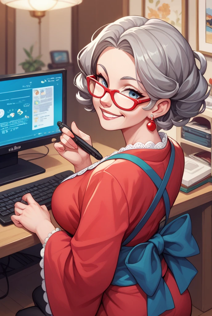  Japanese Grandma　Total Gray Hair Wave 　 semi-short hair 　Glasses　Crimson plain kimono 　 looking at me　Gaming Headsets　The video is being distributed on a PC　 big smile when looking back　PC Keyboard　I'm the only one in the PC room