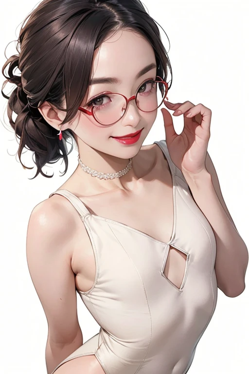 Beautiful and mature 55 year old Japanese woman, Married women, Fine Lines, Long eyelashes, Shining Eyes, Short Bob, (choker), (Bright red lipstick), Wearing glasses, elegant, Slim figure, Pink Cheeks, Pearl Necklace, Earrings, Cute Smile, ((Light pink leotard with mini skirt)), Small breasts, Small breasts, Flat Chest, (Armpit), Browsing Caution, (Highest quality,4K,8k,High resolution,masterpiece:1.2),