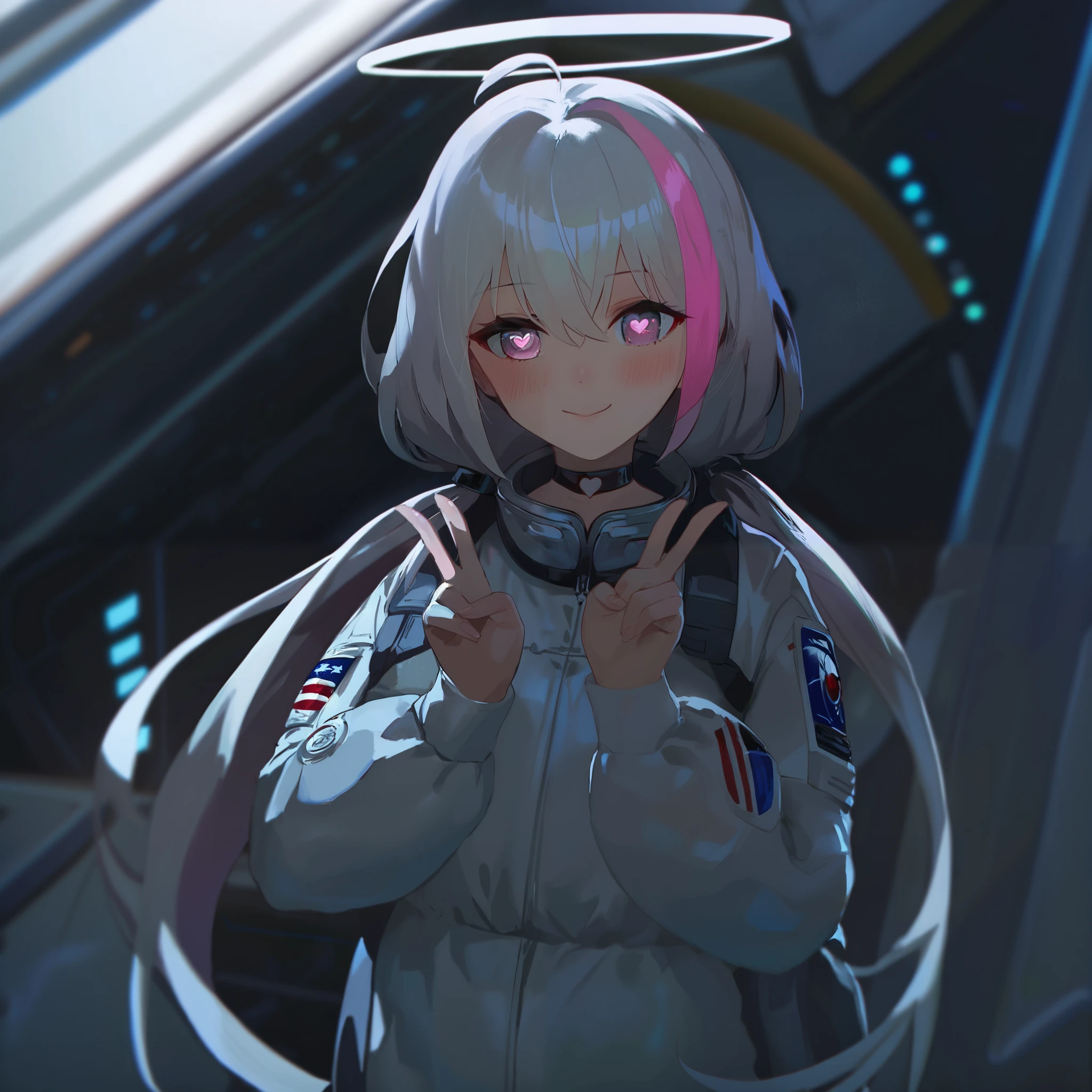 score_9, score_8_up, score_7_up, score_6_up, score_5_up, score_4_up, source_anime, rating_safe, 1girl, petite, cute, portrait, from front, pretty smile, closed mouth, looking at viewer, (white hair:1.2), long hair, multicolored hair, (pink hair:0.9), pink eyes, hair ornament, symbol-shaped pupils, choker, bangs, hair between eyes, heart-shaped pupils, blush, ahoge, bow hair, low twintails, very long hair, long sleeves, necklace, low twintails, pink streaked hair, astronaut suit, halo, spaceship, interior, in corridor, standing, hands up, finger V, anime coloring, shiny skin, aidxlv05_neg