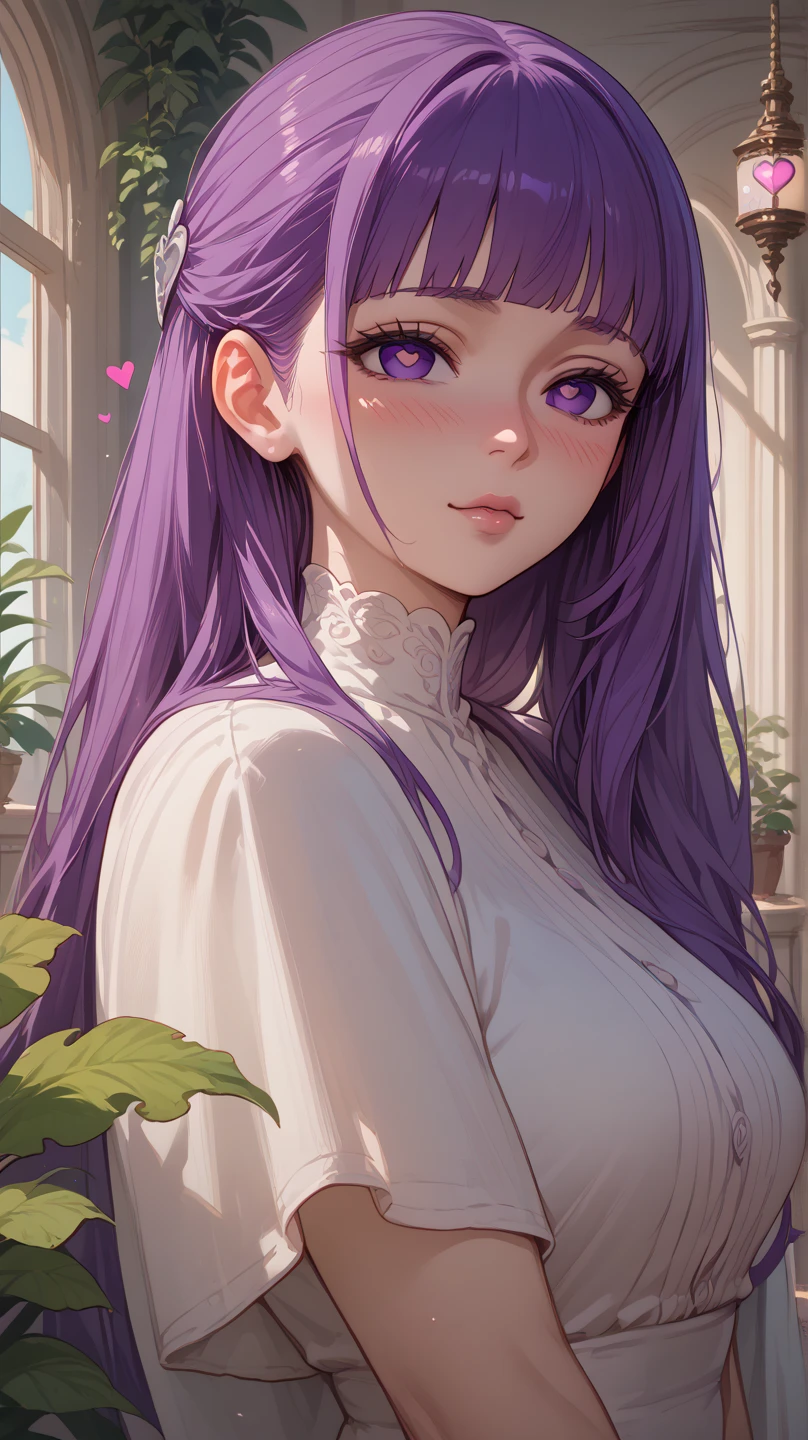 Fern, girl,  long purple hair,  purple eyes,  blushed face, ,  big boobs,  eyes of a heart, Inn room in the background