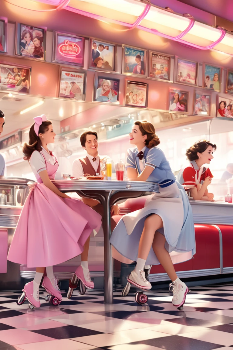  movie poster set in the diner、Gorgeous、５People Characters（Diner employees ）、 Welcoming guests 、 working lively at the diner (masterpiece)), (( top quality)), Charming,   depth of field,  high definition , The waiter and waitress are on roller skates