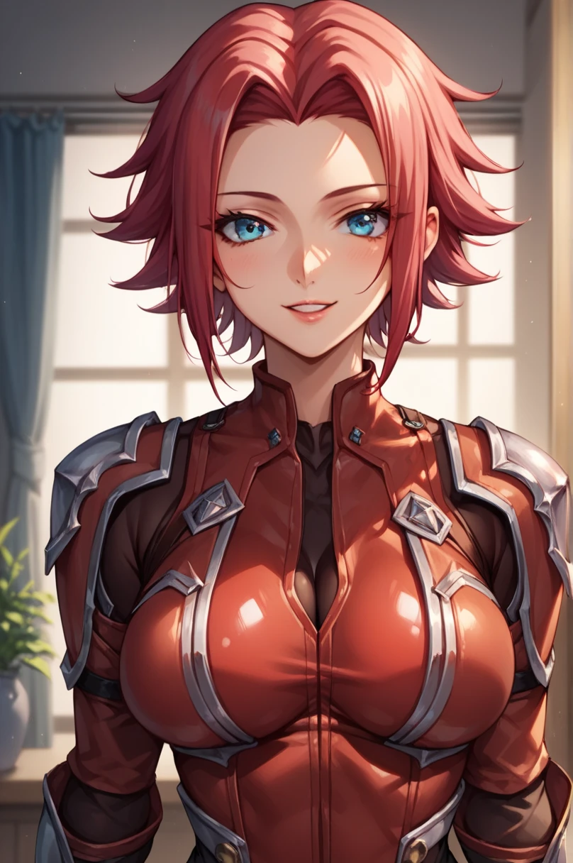 score_9, score_8_up, score_7_up, score_6_up, score_5_up, score_4_up, 
KallenStadfeldXL, blue eyes, red hair, short hair, hair intakes, large breasts, 
cleavege, armor, red bodysuit, bodysuit sleeves, 
solo, front view, (portrait, upper body), solo focus, seductive smile, looking at viewer, indoors 