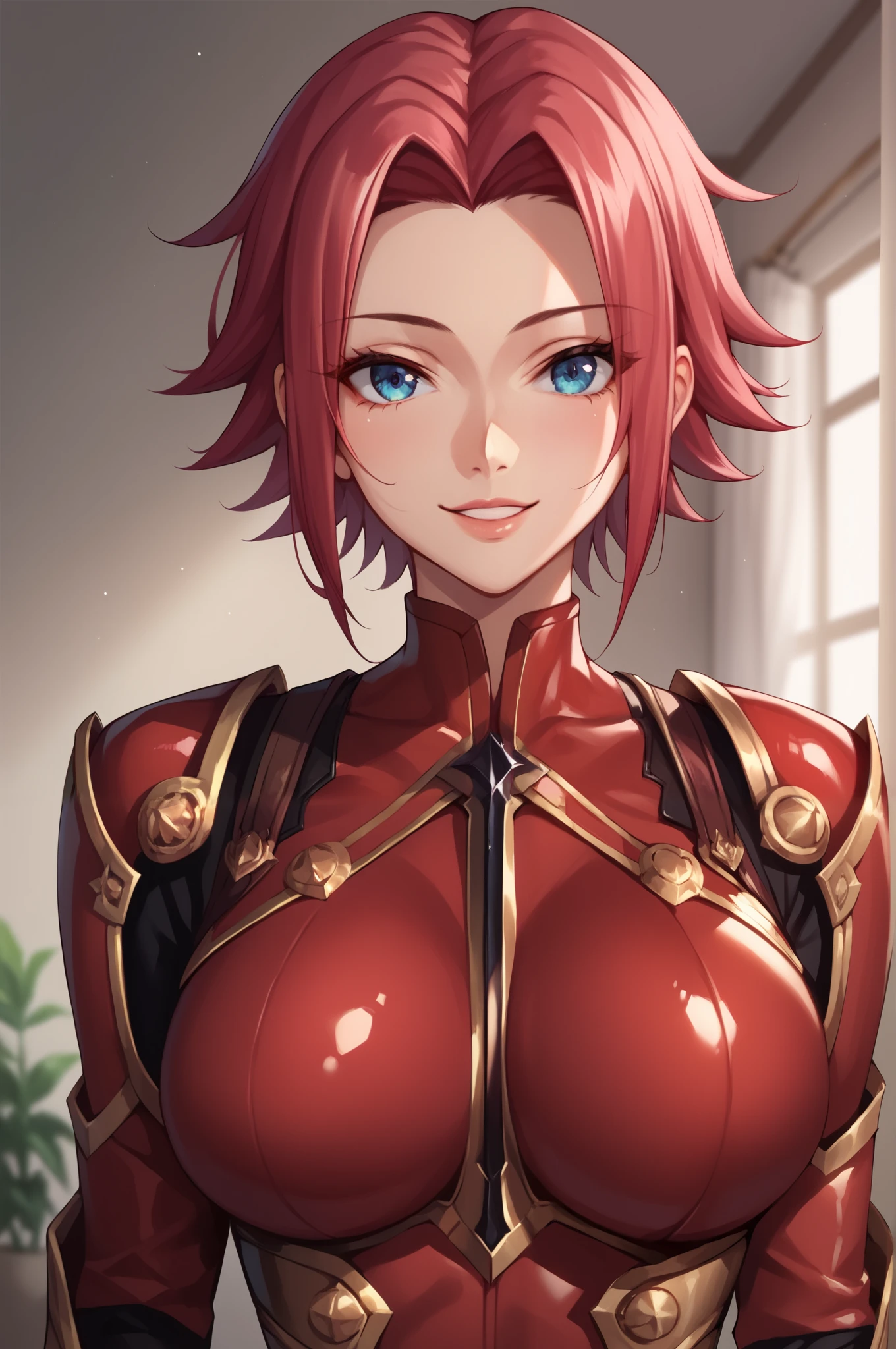 score_9, score_8_up, score_7_up, score_6_up, score_5_up, score_4_up, 
KallenStadfeldXL, blue eyes, red hair, short hair, hair intakes, large breasts, 
cleavege, armor, red bodysuit, bodysuit sleeves, 
solo, front view, (portrait, upper body), solo focus, seductive smile, looking at viewer, indoors 