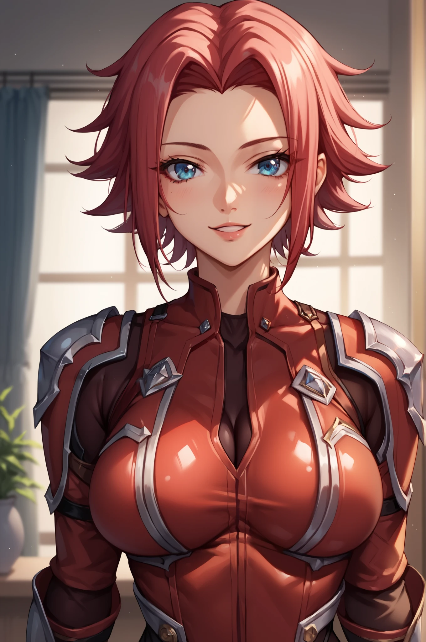 score_9, score_8_up, score_7_up, score_6_up, score_5_up, score_4_up, 
KallenStadfeldXL, blue eyes, red hair, short hair, hair intakes, large breasts, 
cleavege, armor, red bodysuit, bodysuit sleeves, 
solo, front view, (portrait, upper body), solo focus, seductive smile, looking at viewer, indoors 