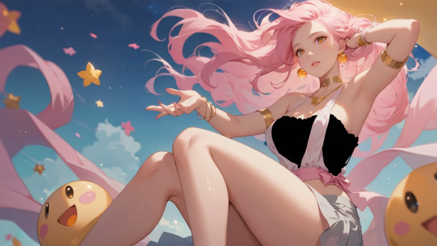 Anime girl with pink hair under the night sky,  Beautiful Woman, Golden eyes