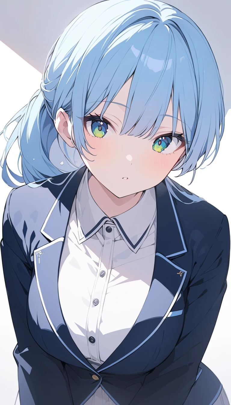 (Top quality line drawing,( Surprisingly Absurd )),(masterpiece:1.2), Captivating eyes, Perfect Proportions,超 high definition ,  attention to detail,  High Quality ,  high definition , 最 High Quality ,  cute girl, light blue hair, green eyes, chest , ponytail, blazer