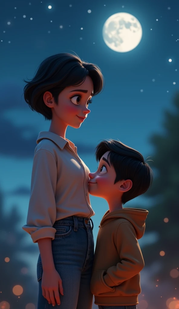 A 35-year-old mother in Pixar Disney style, About 1.65 meters with short  black hair, gentle and warm features with a caring smile, wearing a simple yet elegant pastel-colored blouse and comfortable jeans,A 13-old-year boy in Pixar Disney style,About 1.4 meters, with vibrant short brown hair, large expressive black eyes full of curiosity,with a slim build, looking somewhat frail,Wearing a deep hoodie and long jeans, Mother embracing boy in a heartfelt hug, sunset in the background, the boy's face relieved and comfo, Park