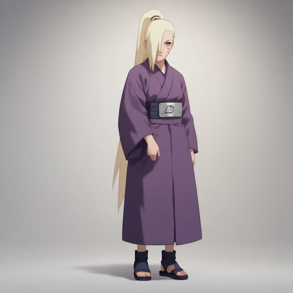 Masterpiece, High Resolution, Anatomically Correct, Best Quality, Super Detailed, Textured Skin, Unreal Engine, Full Body, Image Fill, Yamanaka Ino (NARUTO), Long Hair, Blonde Hair, Ponytail, Hair Over One Eye, tall, slender, curvaceous figure, age: 19, Purple Kimono