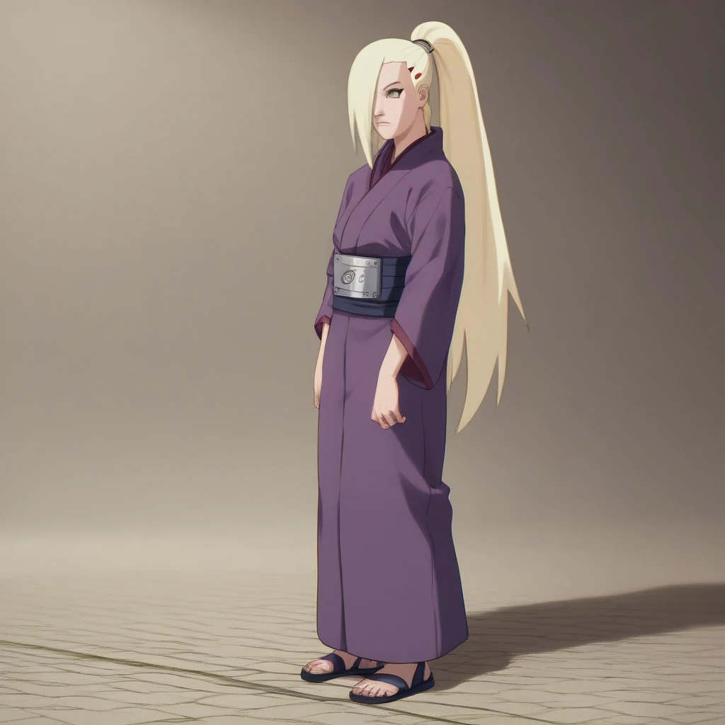 Masterpiece, High Resolution, Anatomically Correct, Best Quality, Super Detailed, Textured Skin, Unreal Engine, Full Body, Image Fill, Yamanaka Ino (NARUTO), Long Hair, Blonde Hair, Ponytail, Hair Over One Eye, tall, slender, curvaceous figure, age: 19, Purple Kimono