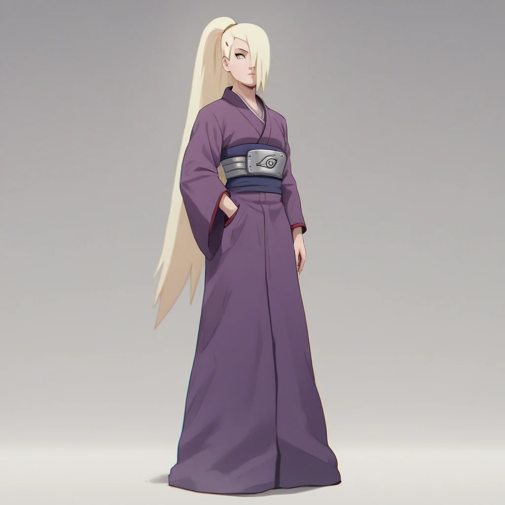 Masterpiece, High Resolution, Anatomically Correct, Best Quality, Super Detailed, Textured Skin, Unreal Engine, Full Body, Image Fill, Yamanaka Ino (NARUTO), Long Hair, Blonde Hair, Ponytail, Hair Over One Eye, tall, slender, curvaceous figure, age: 19, Purple Kimono