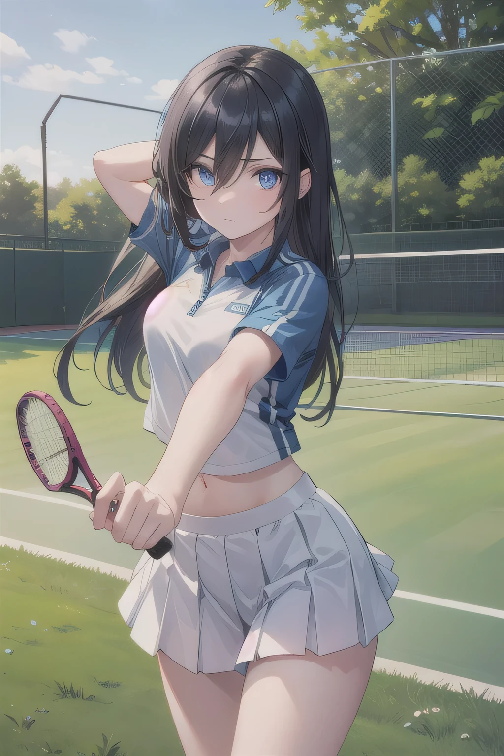 She is wearing a blue tennis outfit, with her white undergarments visible. She holds a single tennis racket with both hands in a poised and focused manner. The lush green grass tennis court stretches out in the background. This scene radiates elegance, power, and athletic skill.  masterpiece. long hair, blue eyes, black hair, hair between eyes, top quality, high definition , Unity 8K Wallpaper , (Illustration:0.8), ( beautiful detailed eyes:1.6), Highly Detailed Faces, Full Photo, Extremely Detailed CG , (perfect hand, perfect anatomy).