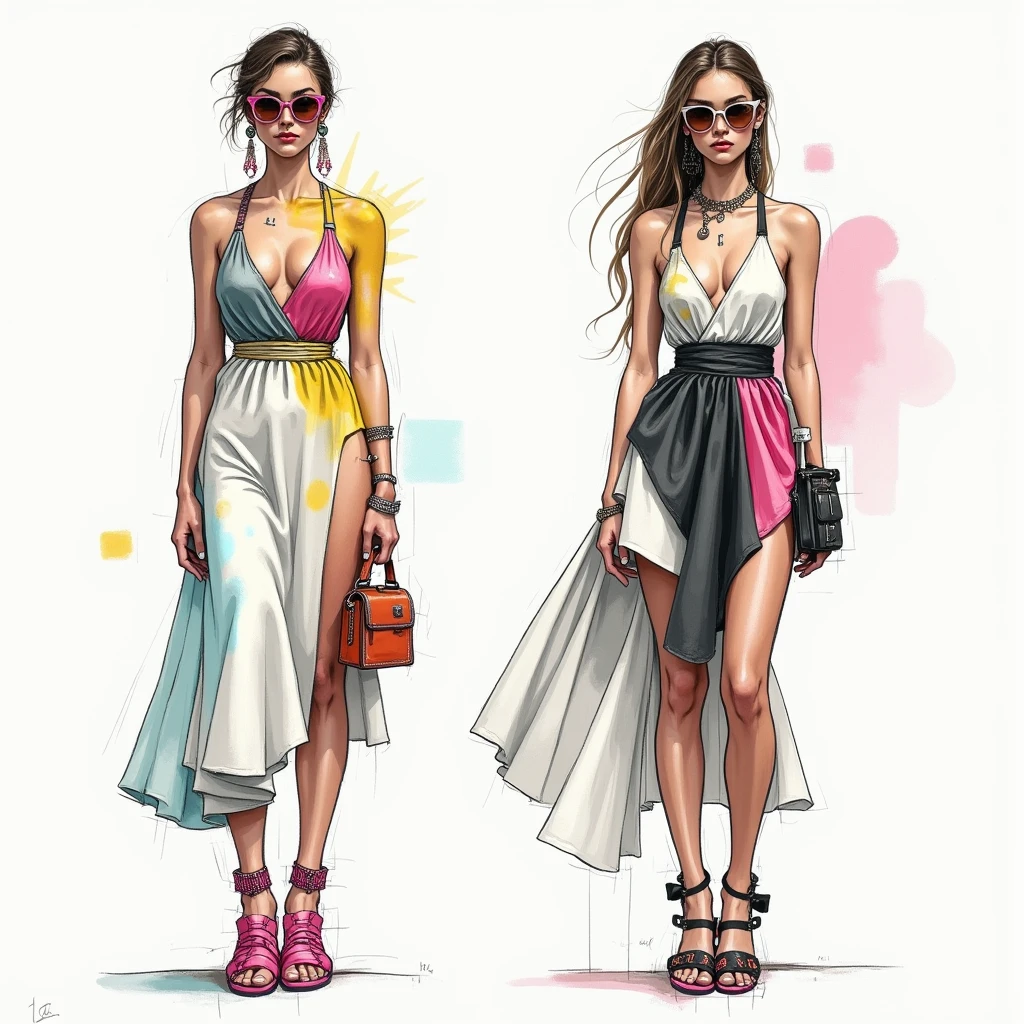 supermodel,abreast,4people,illustration,VOGUE,watercolor,whole body,posing,stylish,wearing high brand,dress,