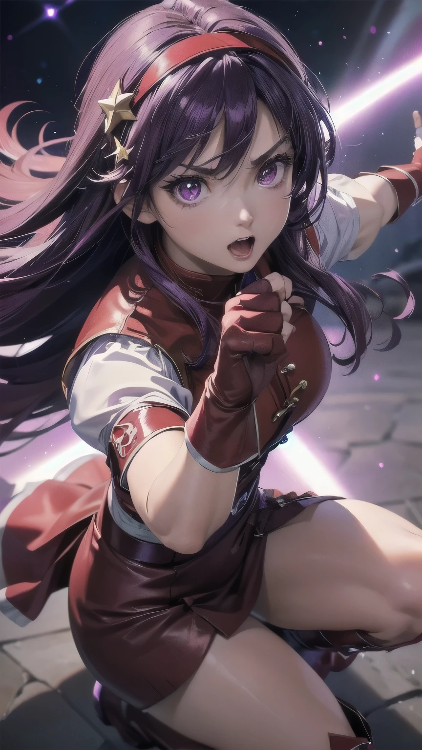 Athena Asamiya,((masterpiece:1.3)), depth of field, super high resolution ,Super fine,16k quality, RAW photos , action scene,(( purple long hair,Purple Eye, Red Hair Band , hair ornament,Star Symbol, red finger gloves, red boots)),(( Photorealistic)),(( perfect limb, anatomically correct )), cute girl, very cute face,Beautiful eyelashes,Double eyelids, natural makeup, glossy lips ,((Surrounded by blue light )),purple laser beam,Superpowers, expression of determination, expression of anger,((fighting pose:1)),(( perfect limb, Perfect Anatomy)), professional lighting,(( detail face)), cowboy shot ,(( punch)), white panties