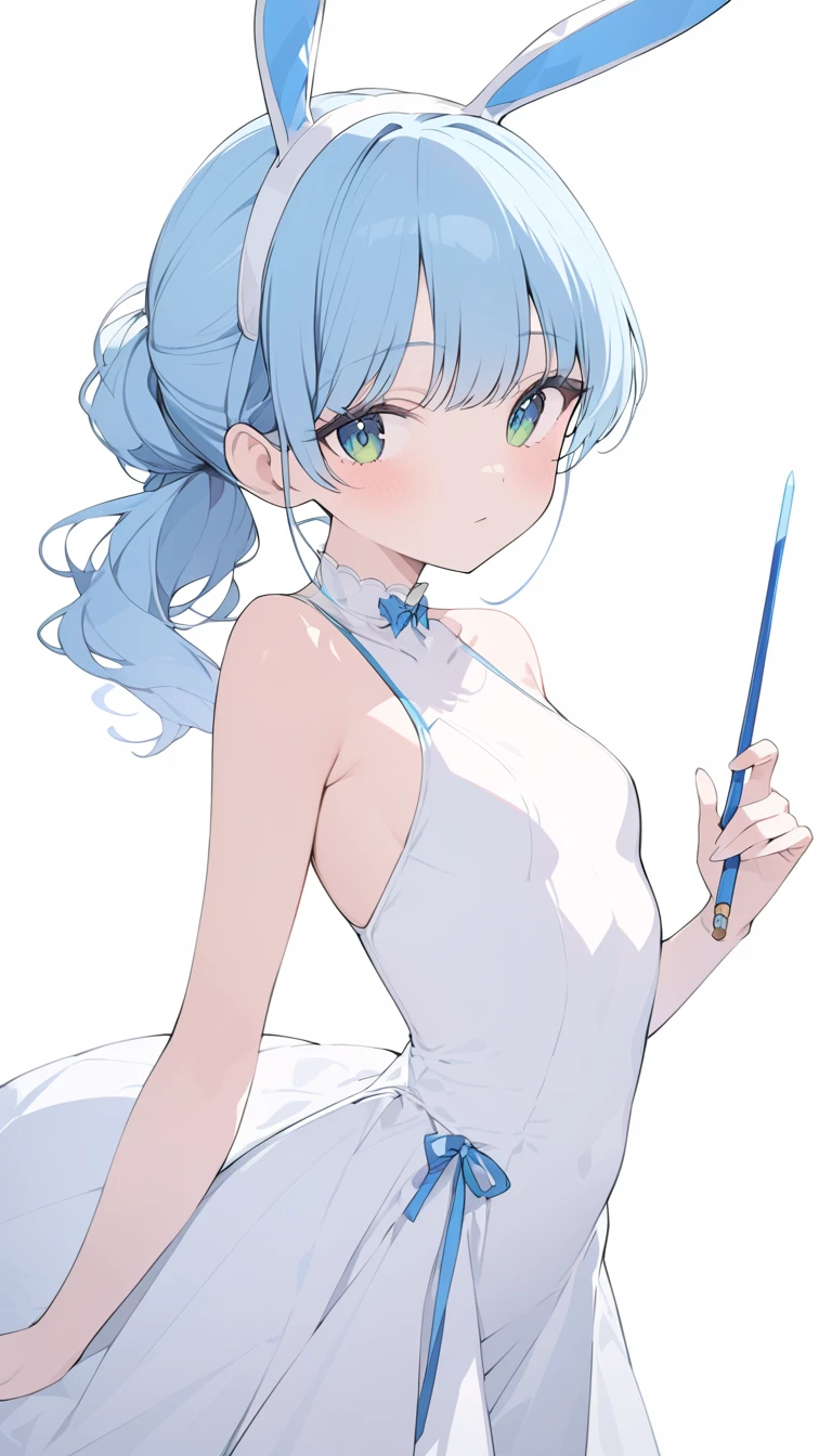 (Top quality line drawing,( Surprisingly Absurd )),(masterpiece:1.2), Captivating eyes, Perfect Proportions,超 high definition ,  attention to detail,  High Quality ,  high definition , 最 High Quality ,  cute girl, light blue hair, green eyes, chest , ponytail,Bunny costume