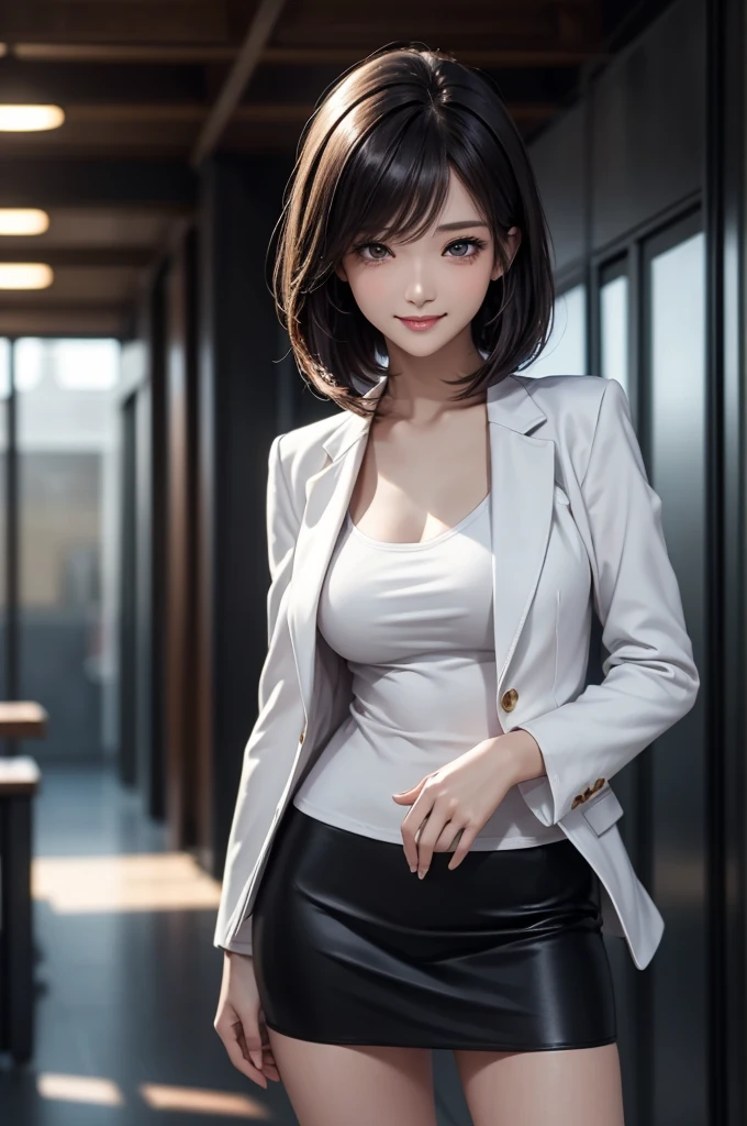 (masterpiece:1.2), high quality, high resolution, ultra detailed, 4K, 8K, illustrative realism, dynamic lighting, A woman standing in a fashion model stance, angle from a diagonal, cowboy shot, looking at viewer, (detailed beautiful face), (detailed beautiful eyes:1.2), black eyes, narrow eyes, straight bob hair, black hair, detailed hair, asymmetrical bangs, smile, blush, large breasts, shiny skin, white suit jacket, v-neck t-shirt, black medium skirt, high heels, 