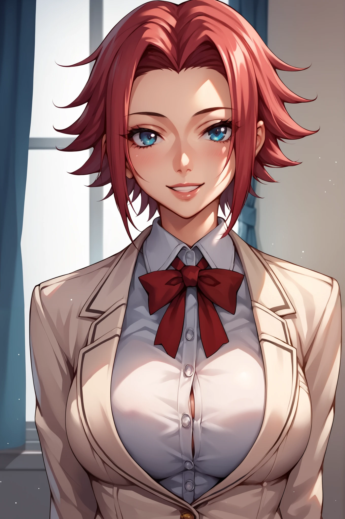 score_9, score_8_up, score_7_up, score_6_up, score_5_up, score_4_up, 
KallenStadfeldXL, blue eyes, red hair, short hair, hair intakes, large breasts, 
suit under clothes!,
solo, front view, (portrait, upper body), solo focus, seductive smile, looking at viewer, indoors 