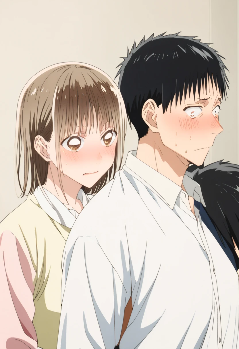 (Chinatsu Kano, Chinatsu Shikano,  One Woman , embarrassed face), man and woman, (One Man,Black Hair,),Woman and man are in close contact,A man hugs her from behind