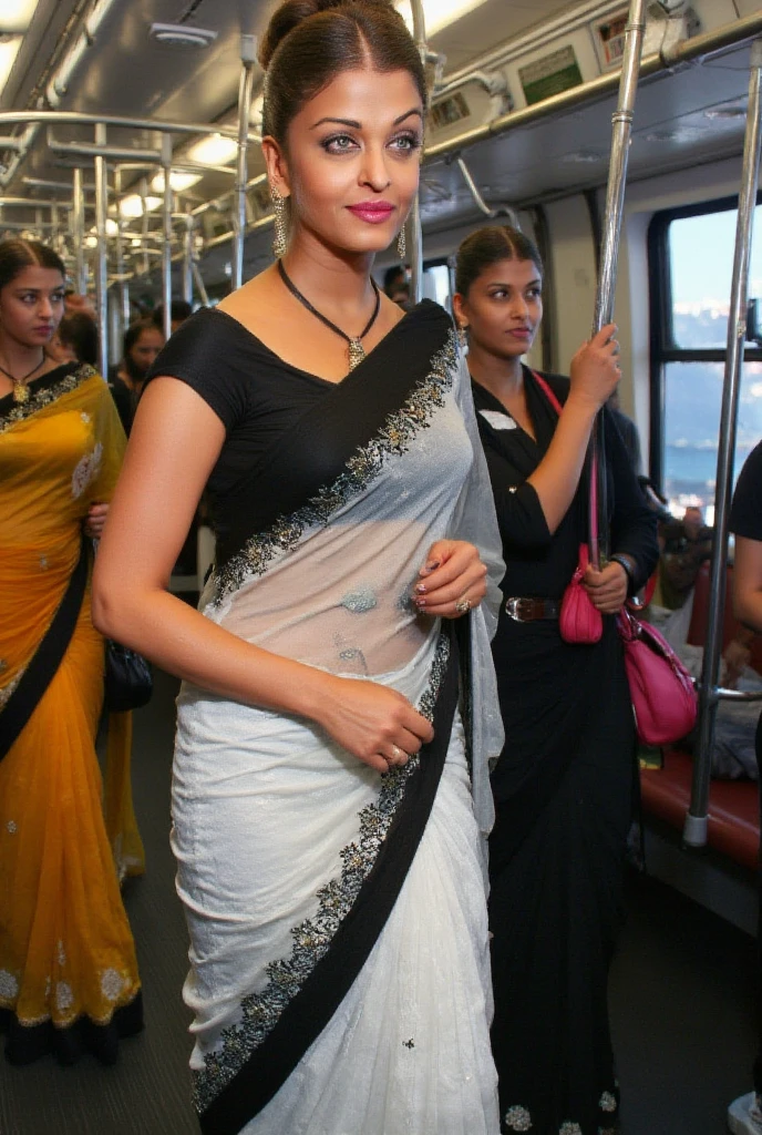 28yo, sexy lady navel, low hip saree, in white and black saree, brown hair bun, going to office, inside metro, right hand holding the top rod, watch in wrists,pink lips, 34dd cleavage visible in black bra, sleeveless blouse, saree revealing navel, black eyelashes, eyeliner, extremely sexy body, bright sunny day, inside ladies compartment, sunrays penetrating inside, bindi in forehead,building seen outside metro train, handbag in left shoulder, woman standing behind has hourglass figure, backless blouse,yellow saree,navel hips revealed, another woman in black saree, low neck blouse, tall and sexy, having bag in her hand, compartment is full, train has extreme details, 8k,high quality picture. 