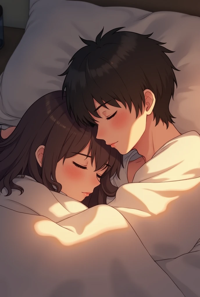 masutepiece, Best Quality, high detal,Young man wearing casual shirt and jeans,messy hair style,Handsome face,Looking affectionately at the girl in front of you。The girl was wearing cute pajamas,My hair is brown, soft and flowing.,Beautiful facial features,Happy smile on his face。They snuggled up together in the bedroom,The moonlight outside the window shone them,The whole scene is bright and romantic。viewed from the side,The man hugged the girl tightly,The expression is intensive and affectionate,They are enjoying this wonderful moment。The overall image quality is delicate and clear,It's like a high-resolution photo,The feel of men's and women's skin and the texture of clothes are very realistic、8K