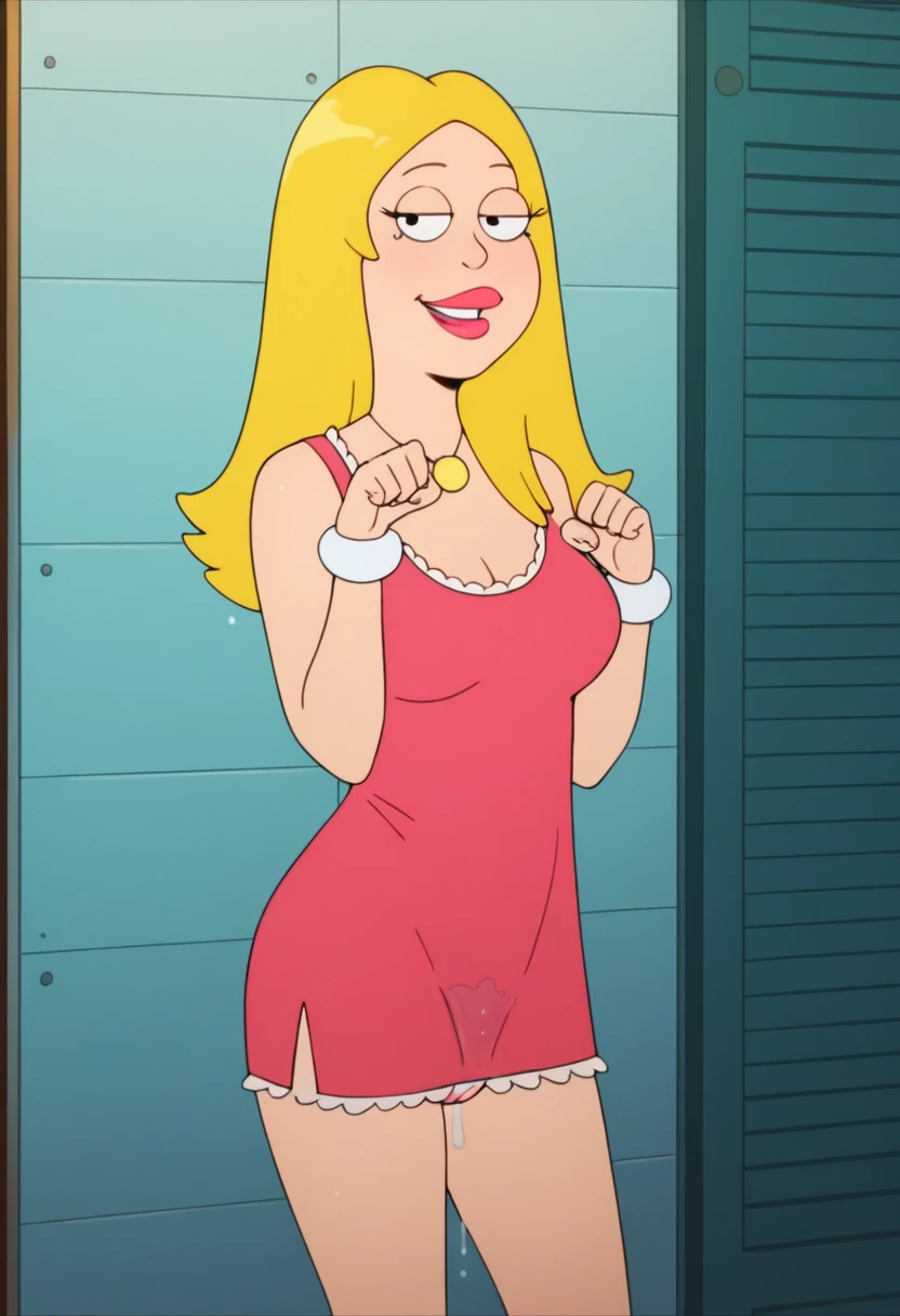 STICKER, (solid outline:1.3), (NSFW:1.2), Sexy Francine Smith kneeling down, exposed big breasts, erect nipples, Topless, red underwear, long smooth legs, shoes visible, long blonde hair, Full Body Portrait, Detailed face, perfect hands, anime eyes, detailed eyes, Happy, simple background, Concept Art, Contour, Vector, vintage t-shirt design, in the style of hand drawing, 3D vector art, fantasy art, watercolour effect, Adobe Illustrator, hand-drawn, low-poly, soft lighting, isometric style, retro aesthetic, focused on the character, 4K resolution, photo realistic rendering, using Cinema 4D, 