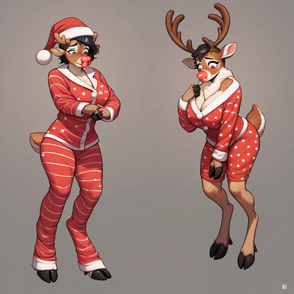 anthropomorphic reindeer-girl, a creature with the body of a human and the characteristics of a reindeer such as cover full body light brown with spotted with fur, hooves as feet , I also have reindeer ears , antlers and a cute reindeer tail. I have the physical abilities of a reindeer, combined with the versatility and intelligence of a human. I have a curvy body like thick tights, a big ass , im 6 feet tall.