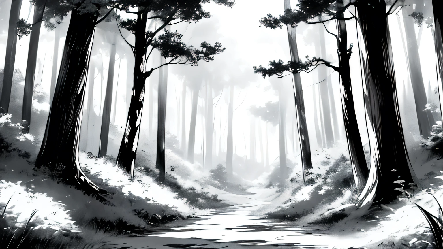 (masterpiece, HD, 4k), (anime forest background), ((black and white, monochrome)), manga style, old anime 1917.