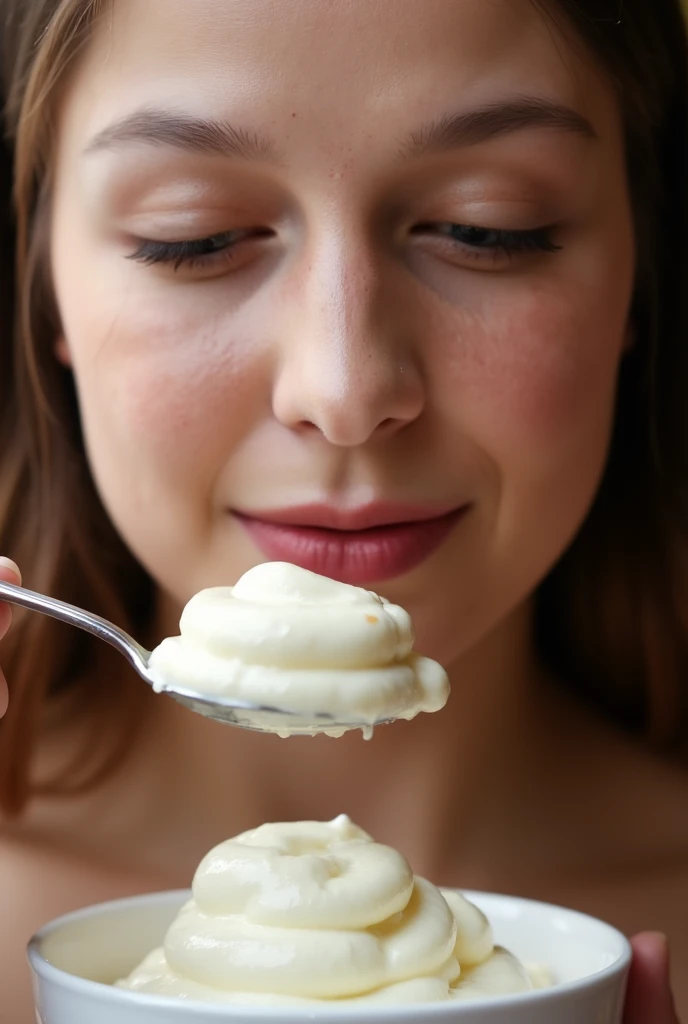  close-up face, eats yoghurt 