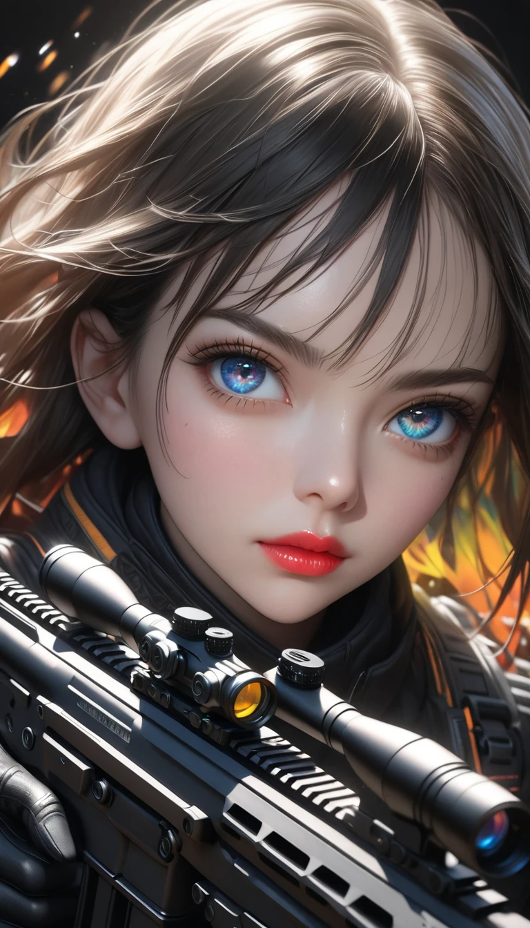 a girl with beautiful detailed eyes, beautiful detailed lips, extremely detailed eyes and face, long eyelashes, holding a sophisticated assault rifle in a dynamic shooting pose, assault rifle with high-performance and non-glossy coatings, set against a dark colored background, 8k, photorealistic, masterpiece, ultra-detailed, realistic, physically-based rendering, vivid colors, dramatic lighting