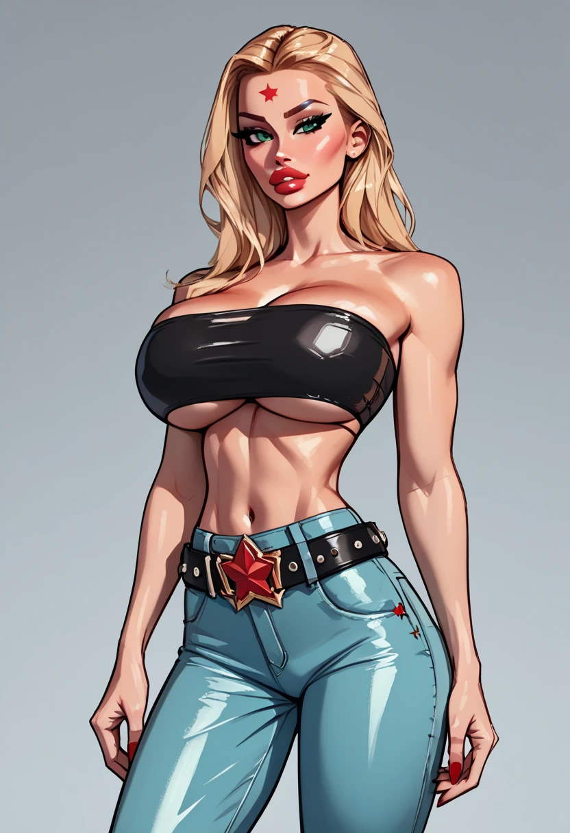 Octobriana female, solo, blonde hair, (one red star in the middle of forehead:1.5), (large black bandeau bra covering the breast:1.2), (underboob), (big breasts:1.2) (wide hips), (masterpiece), green eyes,  perfect body, (ultra realistic eyes), (detailed face), well  balance, in-frame, perfect hands,  snakeskin pants, leather belt, torso shot