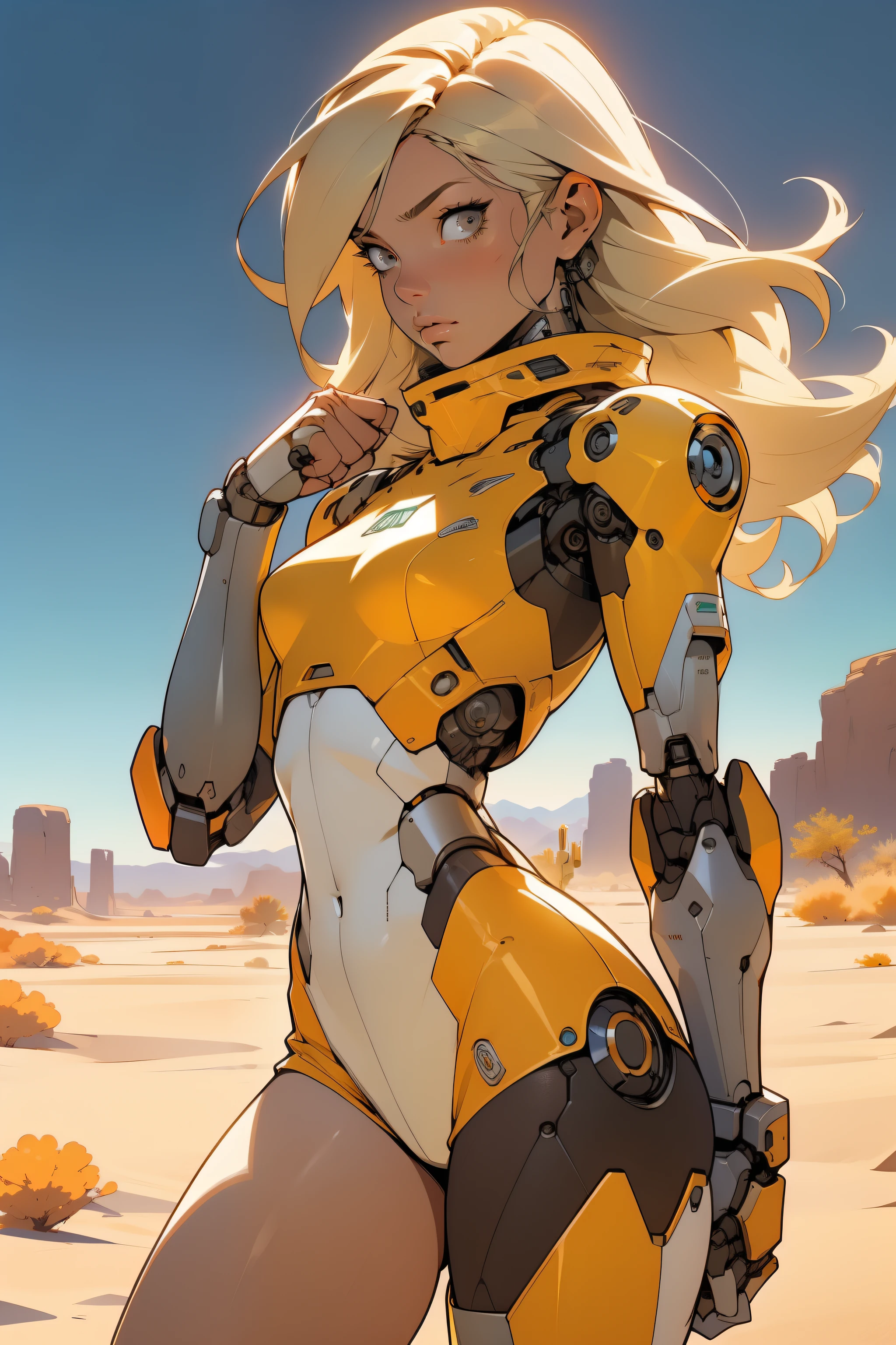 high quality, 4k, masterpiece, beautiful, cyborg girl, cowboy shot, dull eyes, front, looking at viewer, long blonde hair, girl, small breasts, fit thighs, robotic arms, robotic body, cyborg body, white & yellow uniform, orange accent, intricate detail, joint, detailed lines, robotic detail, holding fist up, holding hand up as fist, color robotic parts, robotic parts with color, perfect fingers, on a desert planet, sunny background, colorful desert, a river or a lake in the background, slender thighs, skinny thighs,