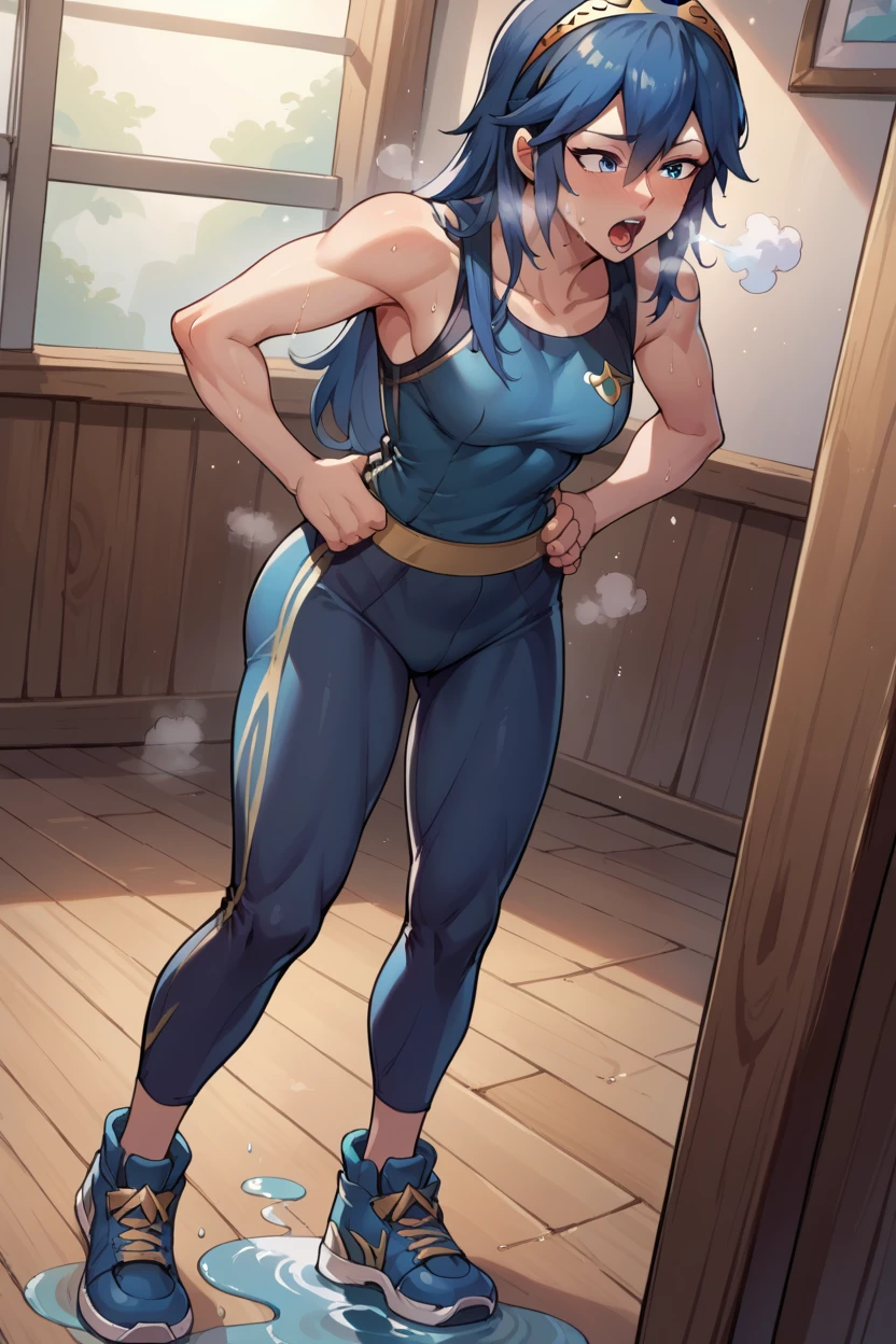 score_9, score_8_up, score_7_up, score_6_up, source_anime BREAK 1girl,  Lucina, dark blue tanktop, blue yoga pants, blue shoes, hands on hips, open mouth, out of breath, sweaty, sexy, exhuasted, steam coming out of her mouth, full body, puddle of sweat, gym background, 