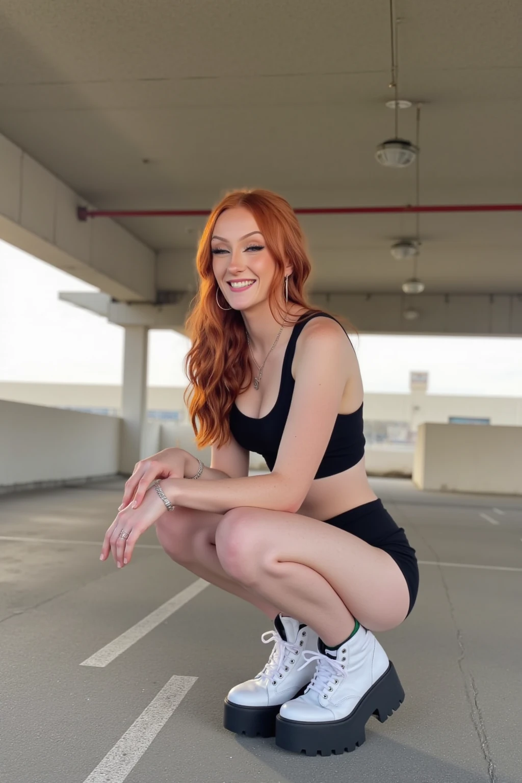 emmaleiah. This is a photograph of a young woman posing in an underground parking garage. She is squatting on her toes, looking directly at the camera with a bright smile. She has long, wavy red hair and fair skin. She wears a black sports bra and matching high-waisted shorts, revealing her toned physique. Her outfit is complemented by white, chunky platform boots that reach up to her knees.