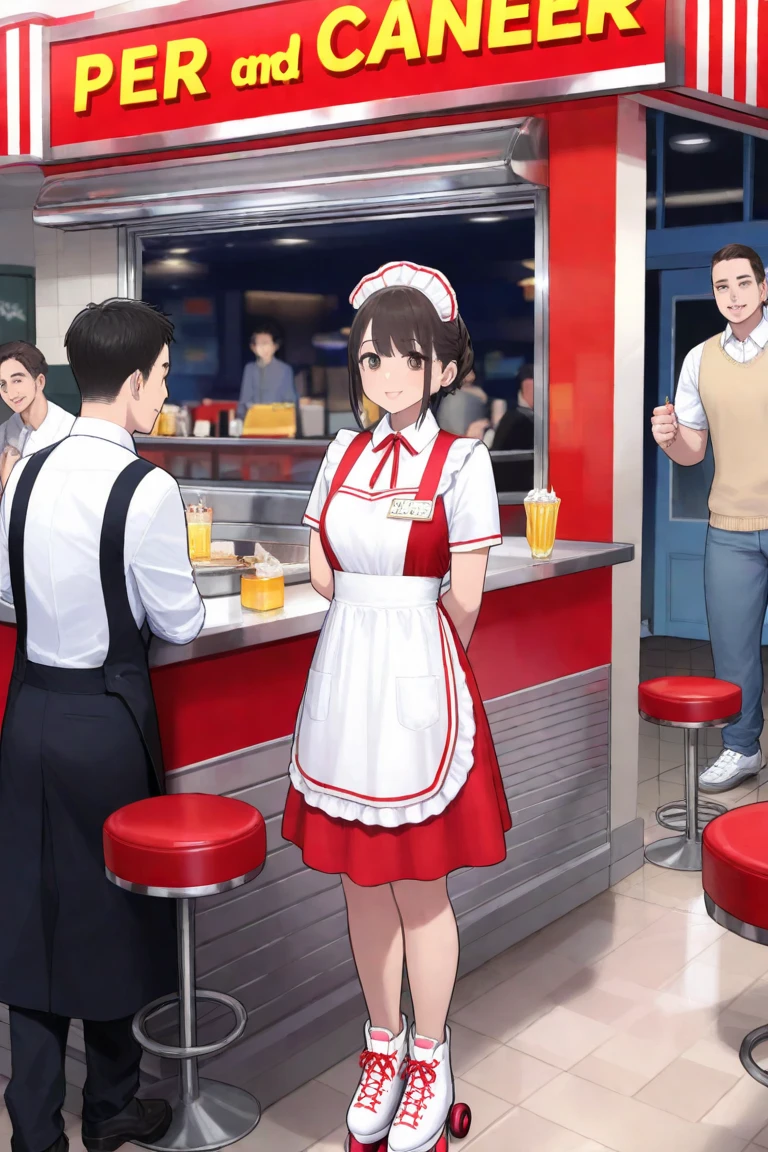 comedy movie poster set in a diner、Gorgeous、５peopleのpeople物、５peopleのキャラクター（Diner employees 。male４people、woman１people）、 Welcoming guests 、Working at a diner(masterpiece)), (( top quality)),  high definition , The waiter and waitress are on roller skates