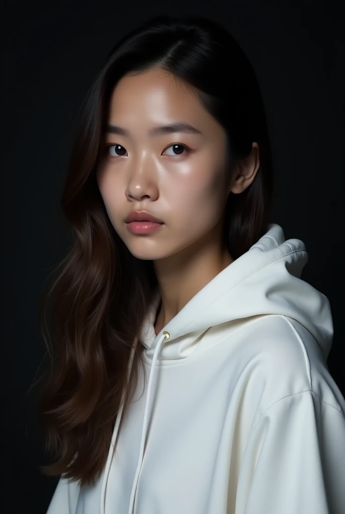 dramatic work of art,Asian girl,with freckles, black and dark hair,white eye