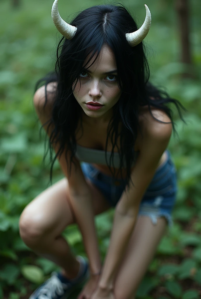 ultra realistic, photography, long black straight hair, messy hair, (30 years old, hazel eyes, hourglass figure, perfect fit body, natural big breasts), femme fatale, she is wearing a very ripped and torn blouse with a plunging neckline, pushed down over her right shoulder, blood is on her blouse, there are bloodstains on her blue jeans, her sneakers are dirty, she is hiding in the woods, standing behind a big tree, she is leaning against the tree, she looks scared, a guy with a devils mask and a bloody machete is approaching behind her tree, extreme wide angle