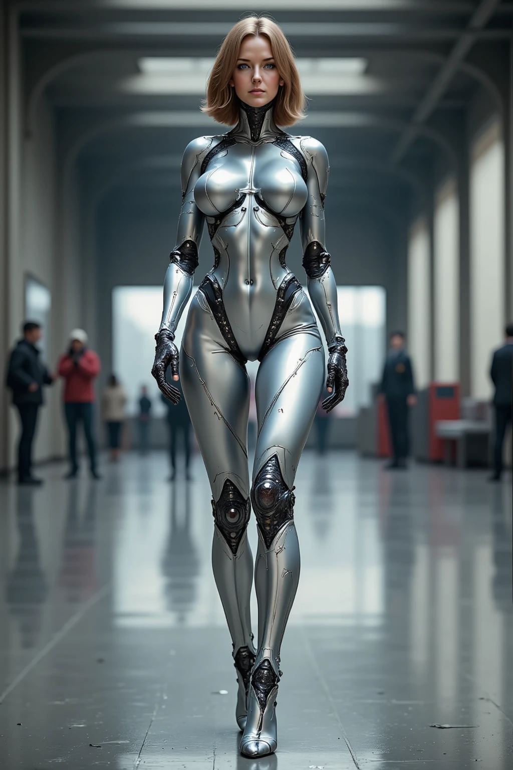   woman with light brown hair  , size: 165 cm,  mass : 58kg ,   her face is slightly full , She doesn&#39;t&#39;,  She is standing in a large room posing like Hajime Sorayama's metal figure