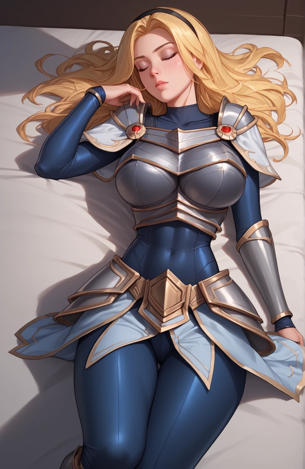 score_9, score_8_up, score_7_up, score_6_up, score_5_up, score_4_up, LuxLoLXL, blue eyes, blonde hair, long hair, black hairband, big breasts, collarbone, shoulder armor, armor, blue bodysuit, breastplate, long sleeves, faulds, skirt, blue pants, armored boots, ((((big breasts)))), alone, full body, knee high boots ,eyes closed, fainted, blows in the face, lying down, looking to the side, head to the side,tied,profile face, full body