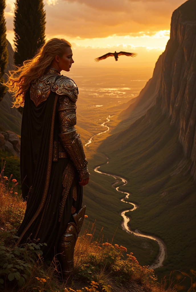 A majestic Indonesian warrior stands at the edge of a windswept cliff, her ripped armor and golden-hued valley bathed in the last light of sunset. Towering cypress trees sway gently against the warm orange and crimson tones of the sky. Her blond hair flows in the wind, piercing eyes exude a terrifying presence framed by flawless black eyeliner. Rich, bold red lips add an aura of regal determination. Wildflowers and tall grasses bend toward her figure, drawn to her commanding energy. In the distance, an eagle soars high, its cry echoing through the valley. The air is thick with serenity and latent power, evoking tranquility and grandeur.