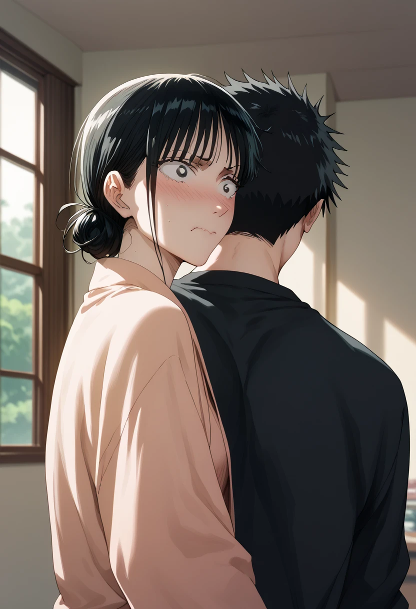 (Chinatsu Kano, Chinatsu Shikano,  One Woman , embarrassed face), man and woman, (One Man,Black Hair,),Woman and man are in close contact,A man hugs her from behind