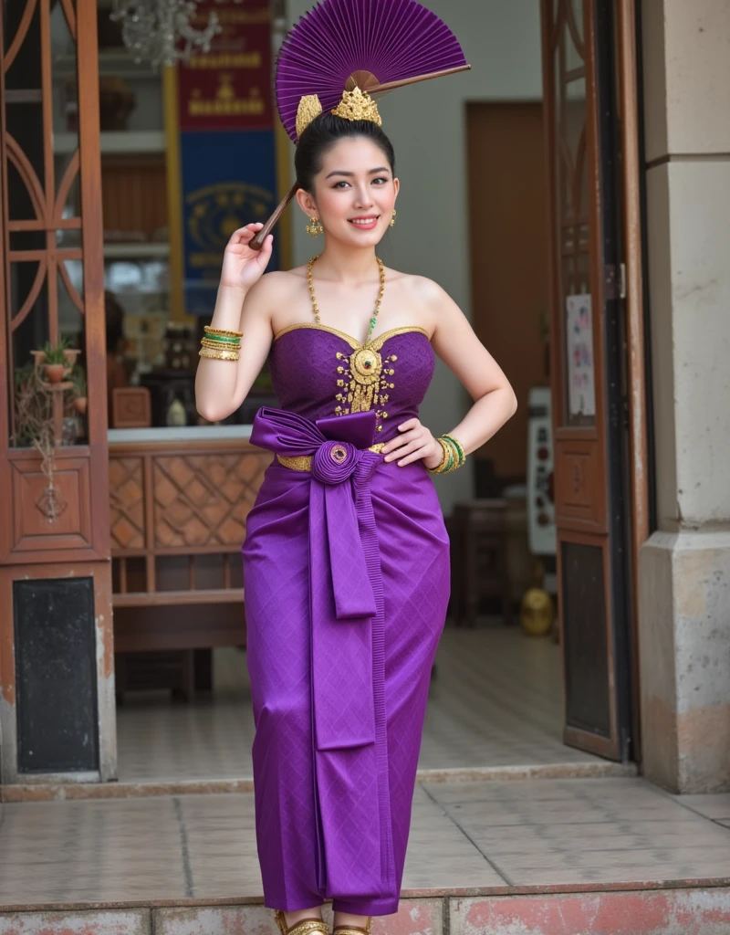 A dramatic portrait of a striking Thai woman, slender and gracefully beautiful, Her Gigantic Breasts exaggerated but realistic, H cup range, in purple Thai traditional Strapless clothes and a purple mini short Thai Sarong adorned with green jewelry. Her high,  voluminous dark hair is styled elegantly, complemented by green lipstick and bangles. Wielding oversized fan, Full-body shot,3/4 view. Her sandals and bold pose exude a mix of elegance. In front of a local som-tum shop. Emphasizing fine details. The frontal, slightly low-angle view highlights her commanding stance. Greg Rutkowski,64​K​,RAW,