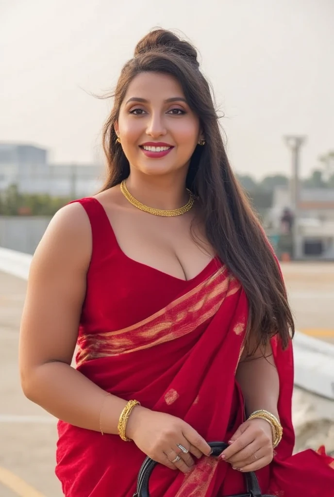 "portrait photo of a sexy tall women noraf, minimal jwellerys, smiling, bun hair, (high detailed skin:1.2), air hostess, red revealing saree, navel sexy, low neck cleavage, 34dd breasts, thicky arms, handbag in right shoulder, high heels,hip chain, red lips, eyeliners, sunny day, airport background,low hip saree, bindi in forehead, curvy long waists8k uhd, dslr, soft lighting, high quality, film grain, Fujifilm XT3"