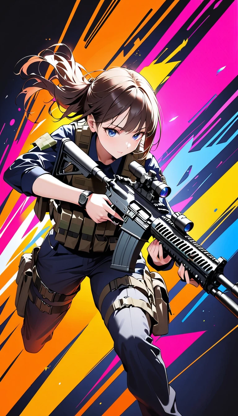 Girl shooting pose, One Girl, Shooting with an assault rifle, Sophisticated Assault Rifle, High-performance assault rifle, vivid colors, dark colored background, higreess, Dynamic Perspective, Non-glossy coatings