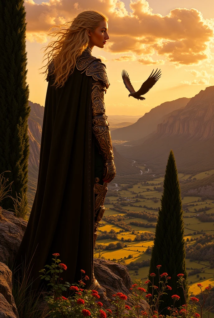 A majestic Indonesian warrior stands at the edge of a windswept cliff, her ripped armor and golden-hued valley bathed in the last light of sunset. Towering cypress trees sway gently against the warm orange and crimson tones of the sky. Her blond hair flows in the wind, piercing eyes exude a terrifying presence framed by flawless black eyeliner. Rich, bold red lips add an aura of regal determination. Wildflowers and tall grasses bend toward her figure, drawn to her commanding energy. In the distance, an eagle soars high, its cry echoing through the valley. The air is thick with serenity and latent power, evoking tranquility and grandeur.